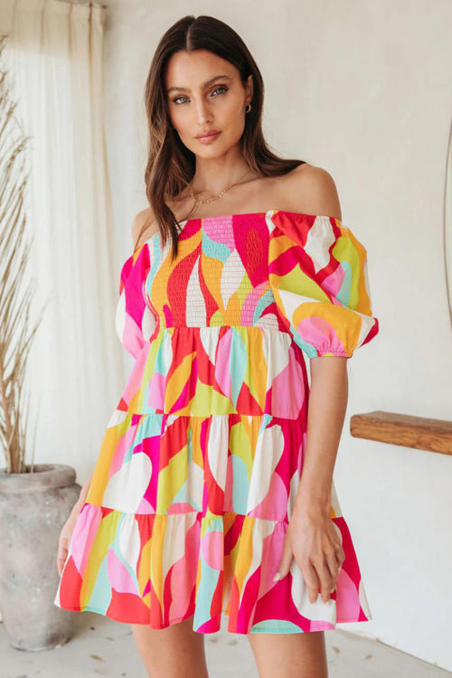 Mood Bold Print Puff Sleeve Smocked Mini Dress