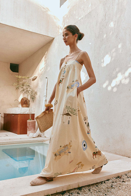 Charming Aesthetic Print Flax Maxi Dress