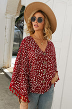 Golden Glow Soul Printed Tassel Button-Up Top