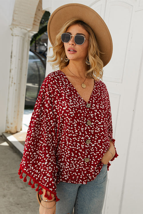 Golden Glow Soul Printed Tassel Button-Up Top
