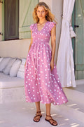 Luminous Ruby Pink Polka Dot Pleated Midi Dress