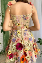 Unique Radiance 3D Floral Embroidered Tie-Strap Mini Dress