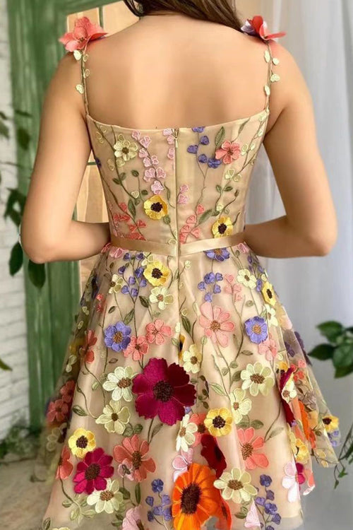 Unique Radiance 3D Floral Embroidered Tie-Strap Mini Dress