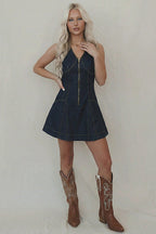 Prinsley Medium Wash Zip-Front Denim Mini Dress