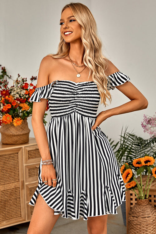 Loveliest Look Striped Off Shoulder Mini Dress