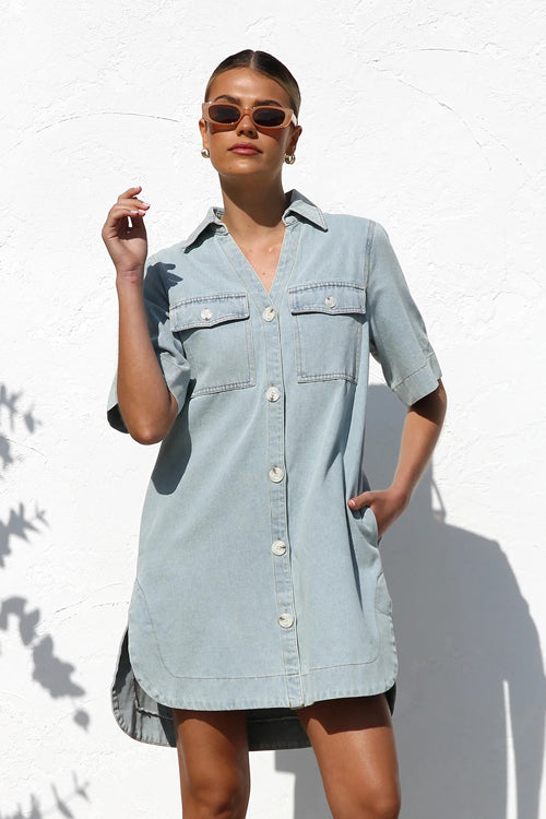 Popular Charmer Short Sleeve Denim Mini Dress