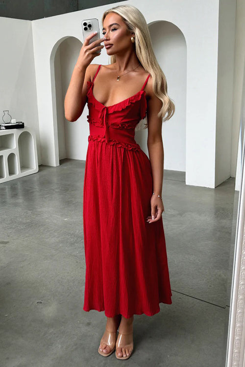 Confident Charmer Spaghetti Ruffled Midi Dress