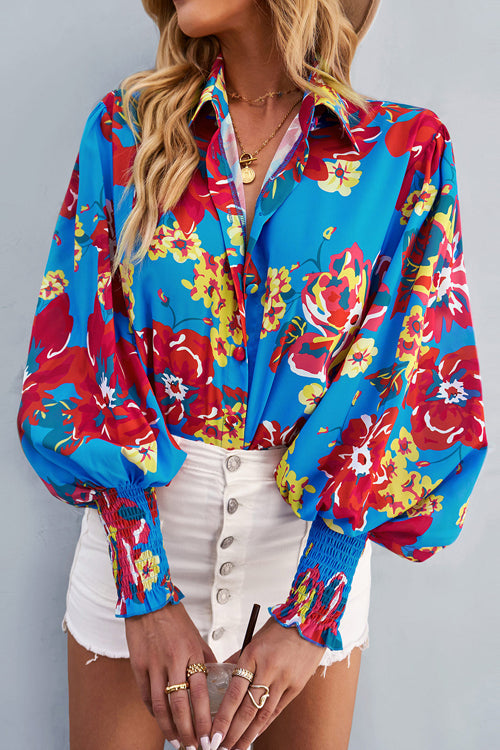 Life Of Affection Print Button Down Smocked Top - 7 Colors