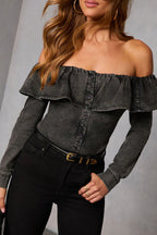Delightful Charmer Off Shoulder Denim Long Sleeve Top