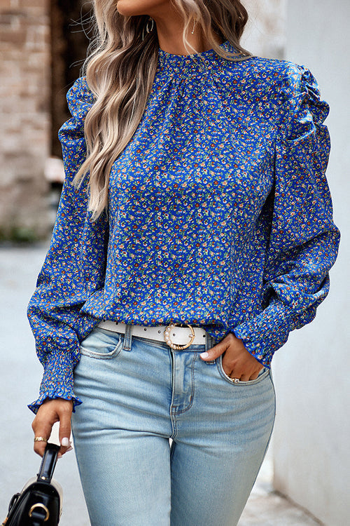 Certain Affection Print Statement Sleeve Smocked Top