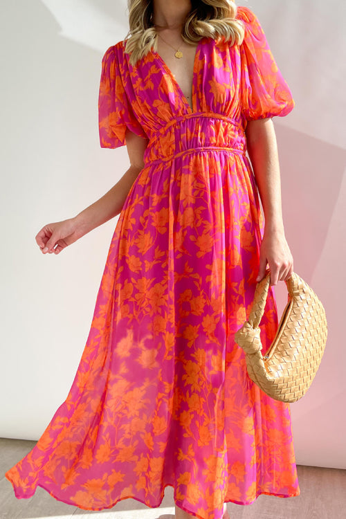 Real Affection Print Puff Sleeve Maxi Dress