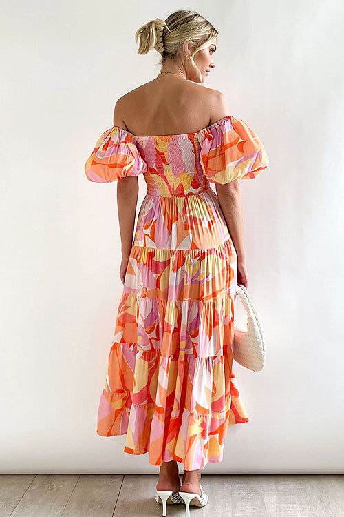 Beloved Daylily Floral Print Off Shoulder Smocked Maxi Dress