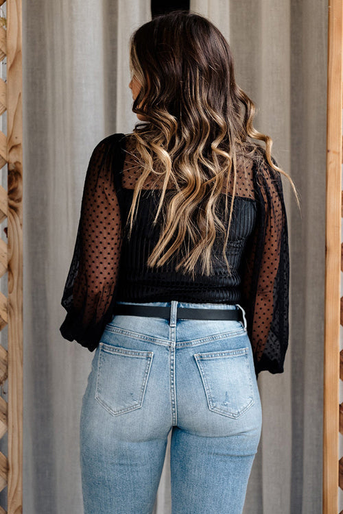 Romance-Inspired History Black Swiss Dot Tulle Long Sleeve Top