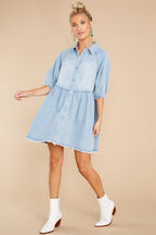 Simply The Affection Denim Puff Sleeve Babydoll Mini Dress