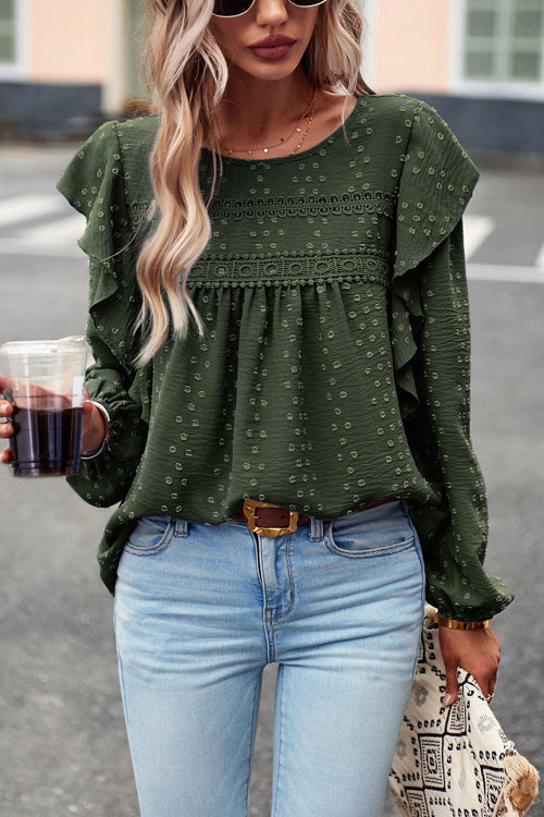 Miss You So Swiss Dot Lace Ruffled Long Sleeve Top