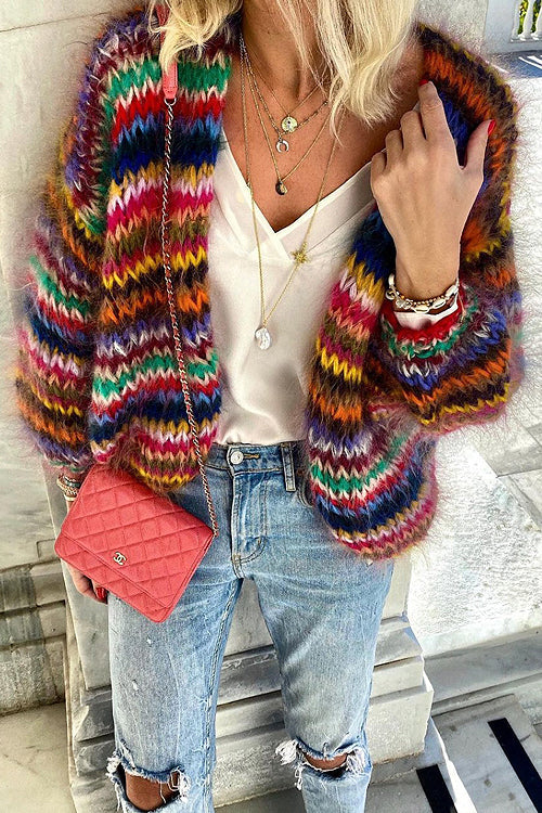 Seasonally Polished Multi Color Stripe Knit Cardigan