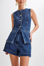 Polished Mood Denim Sleeveless Two-Piece Suit