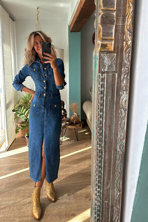Edgy Instinct Wash Denim Long Sleeve Midi Dress