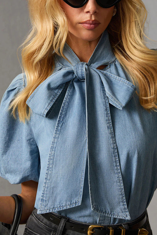 Daily Mood Tie-Front Short Sleeve Denim Top