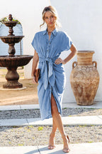 Bright Side Denim Tie-Front Button Down Midi Dress