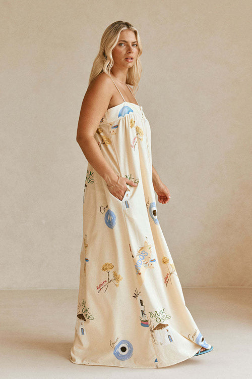 Charming Aesthetic Print Flax Maxi Dress