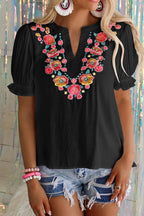 Muse Mood Floral Embroidered Short Sleeve Top