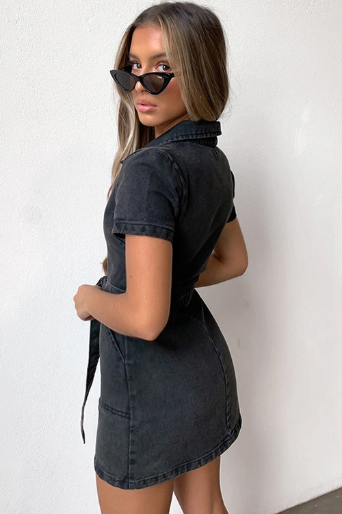 Trending Topic Zip Short Sleeve Denim Mini Dress