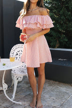 Essentially Delightful Off Shoulder Gingham Mini Dress