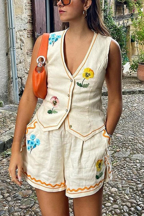 Summer Love Story Floral Embroidered Sleeveless Suit