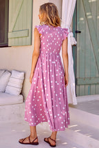 Luminous Ruby Pink Polka Dot Pleated Midi Dress