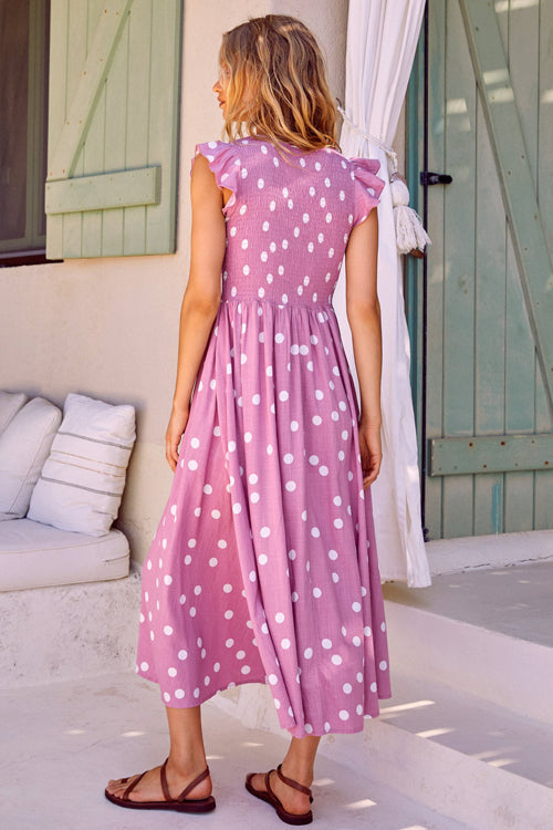 Luminous Ruby Pink Polka Dot Pleated Midi Dress