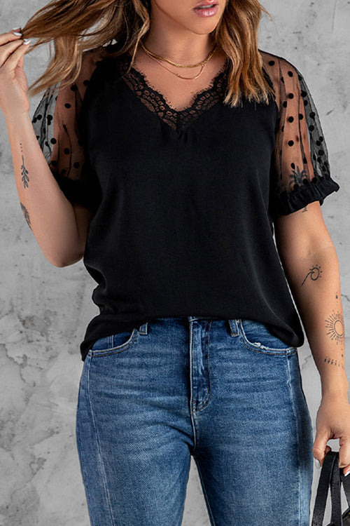 Hello Radiant Sheer Dot Tulle Short Sleeve Top