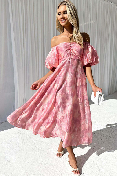 Classic Elegance Puff Sleeve Floral Embroidery Midi Dress