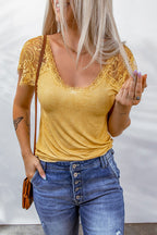 Summer Shoulder Be Playful Spirit Yellow Lace Short Sleeve Tee
