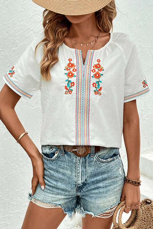 In The Moment Floral Embroidery Short Sleeve Top
