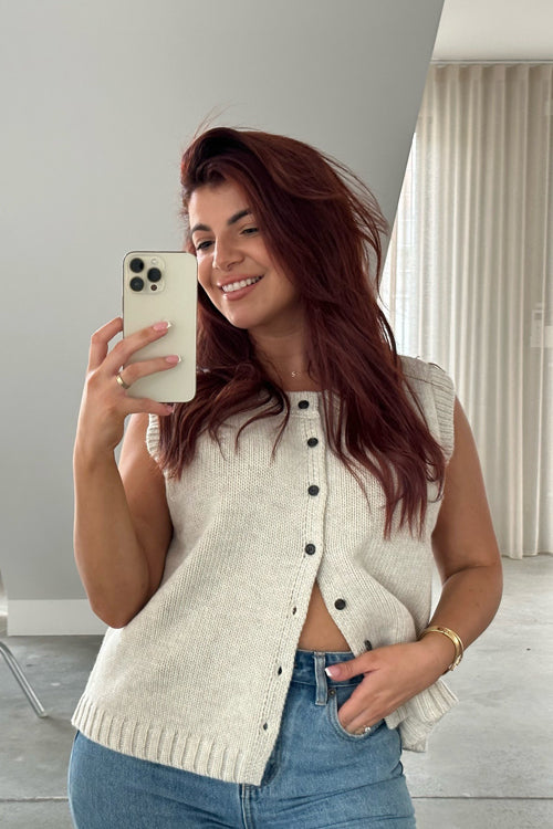 Until We Meet Sleeveless Button Down Knit Top