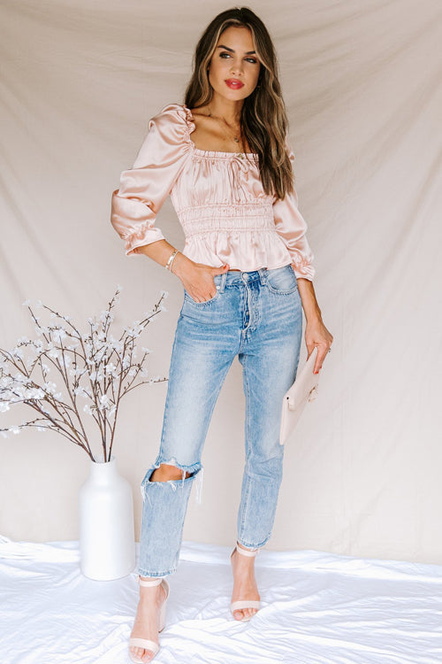 Refined Muse Cream Satin Ruched Top