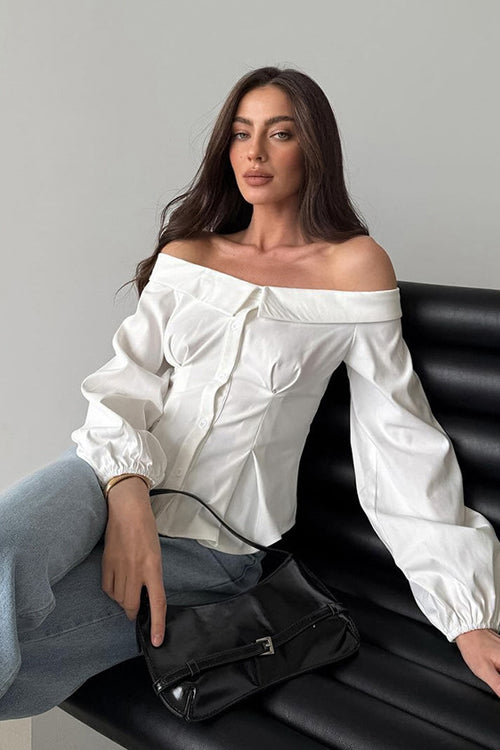 Demure and Delightful Off Shoulder Long Sleeve Top