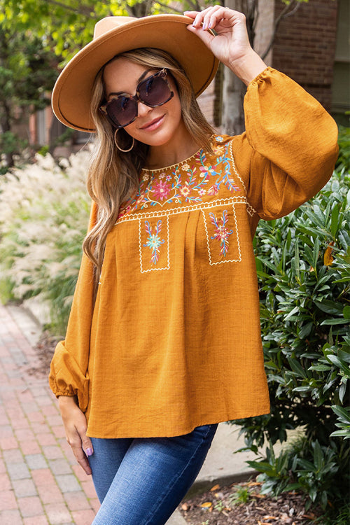 Daytime Escape Yellow Boho Embroidery Top