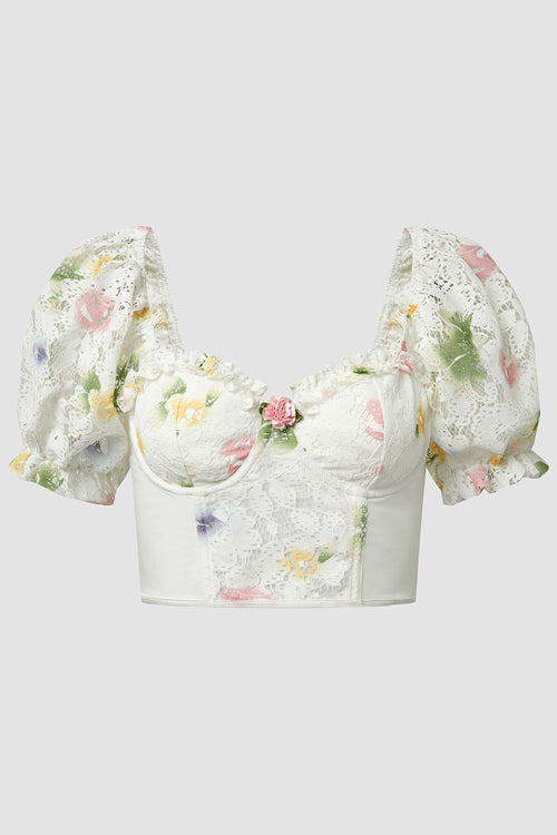 Slow Moment Vintage Flower Lace Puff Sleeve Crop Top