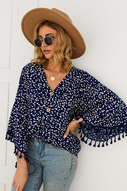 Golden Glow Soul Printed Tassel Button-Up Top