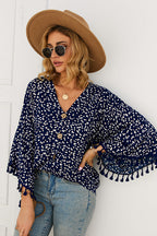 Golden Glow Soul Printed Tassel Button-Up Top