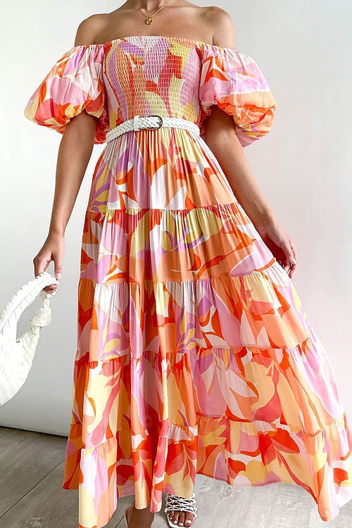 Beloved Daylily Floral Print Off Shoulder Smocked Maxi Dress