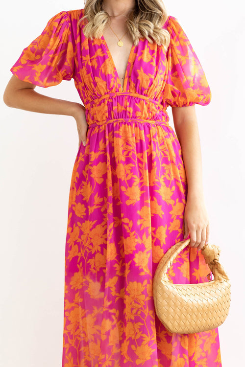 Real Affection Print Puff Sleeve Maxi Dress