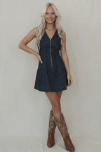Prinsley Medium Wash Zip-Front Denim Mini Dress
