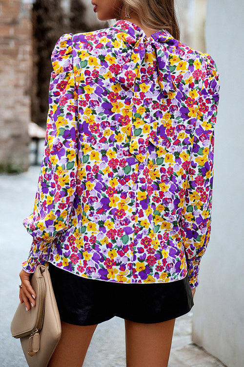 Certain Affection Print Statement Sleeve Smocked Top