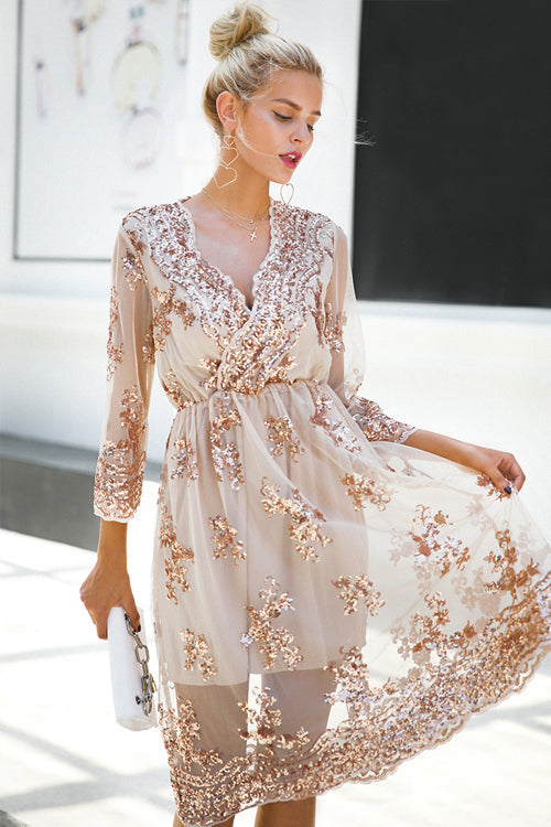Sequin V-neck Half Sleeve Dress