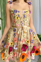 Unique Radiance 3D Floral Embroidered Tie-Strap Mini Dress