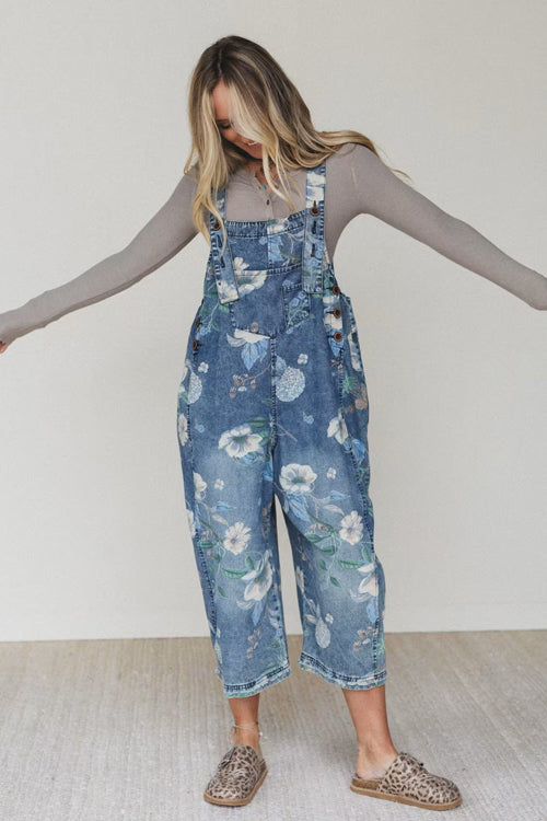 Blushing Radiance Print Denim Sleeveless Jumpsuit