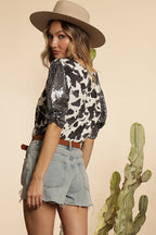 Cow Boy Print Sequin Short Sleeve Top